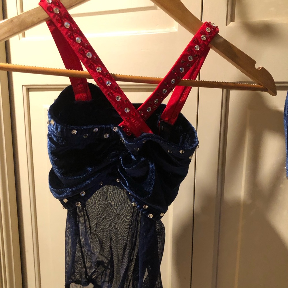 Dance costume navy with red and white hand applied crystals